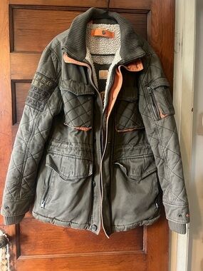 Superdry Olive Quilted Field Jacket with Sherpa Lining